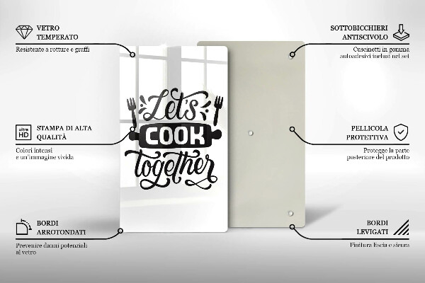 Kuchynská doska veľká zo skla Napis Let's cook together