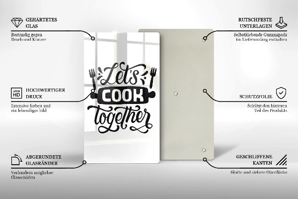 Kuchynská doska veľká zo skla Napis Let's cook together