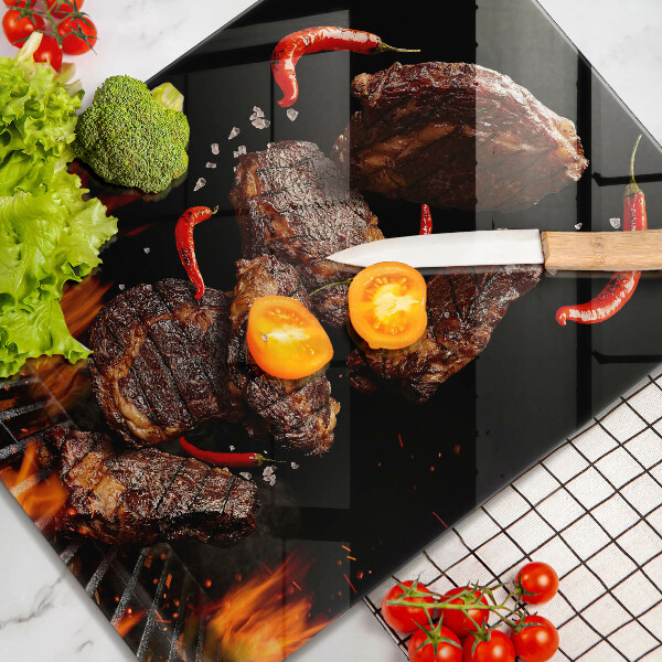 Kuchynská doska veľká zo skla Mäso na grile