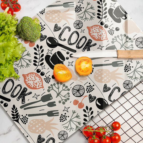 Kuchynská doska veľká zo skla Kreslený kuchynský motív