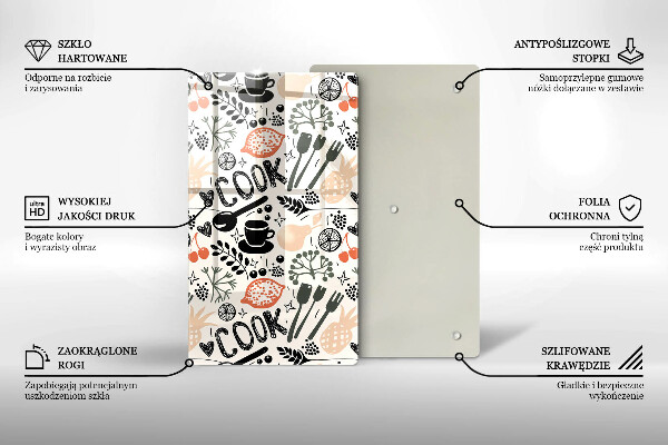 Kuchynská doska veľká zo skla Kreslený kuchynský motív