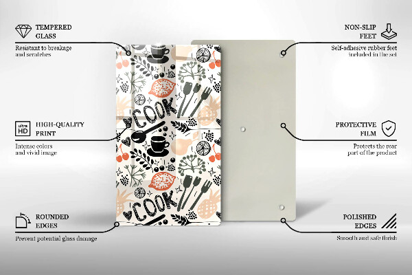 Kuchynská doska veľká zo skla Kreslený kuchynský motív