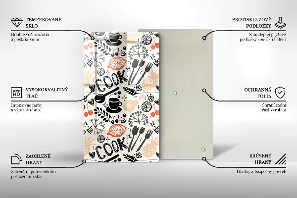 Kuchynská doska veľká zo skla Kreslený kuchynský motív