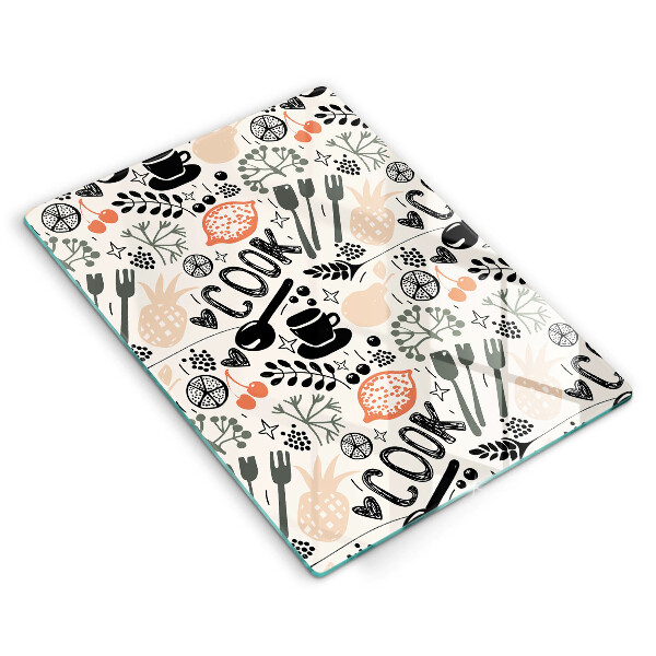 Kuchynská doska veľká zo skla Kreslený kuchynský motív