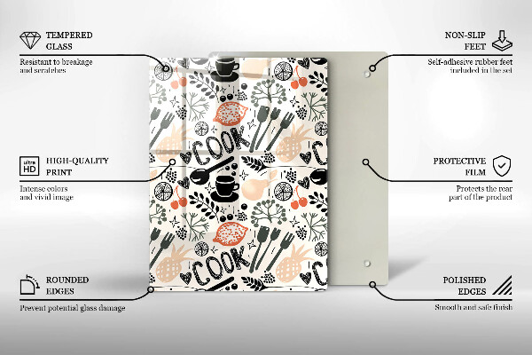 Kuchynská doska veľká zo skla Kreslený kuchynský motív