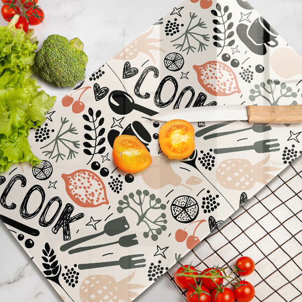 Kuchynská doska veľká zo skla Kreslený kuchynský motív