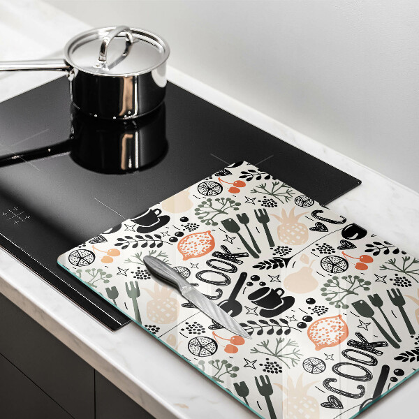 Kuchynská doska veľká zo skla Kreslený kuchynský motív