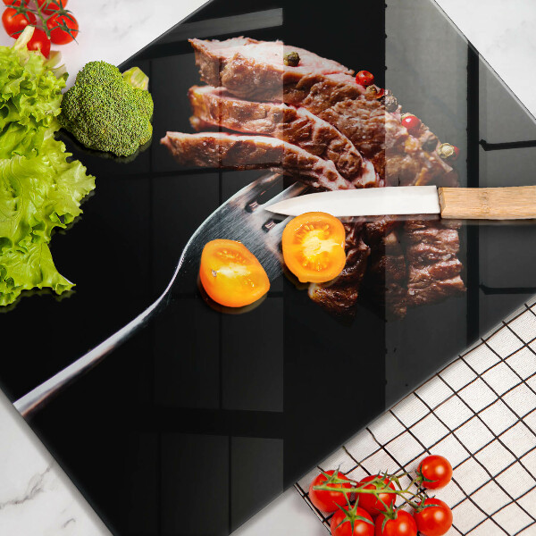 Kuchynská doska veľká zo skla Mäso na vidličku