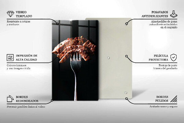 Kuchynská doska veľká zo skla Mäso na vidličku