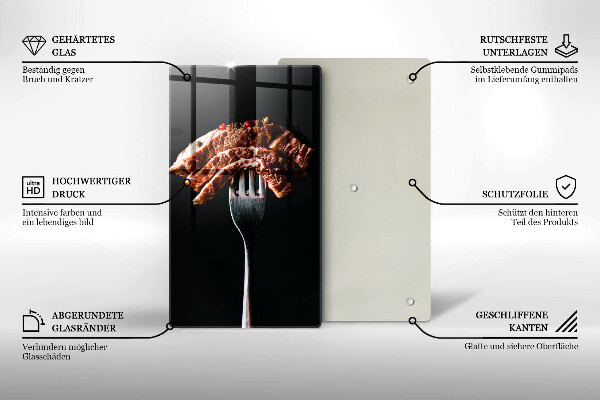 Kuchynská doska veľká zo skla Mäso na vidličku