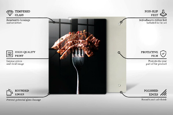 Kuchynská doska veľká zo skla Mäso na vidličku
