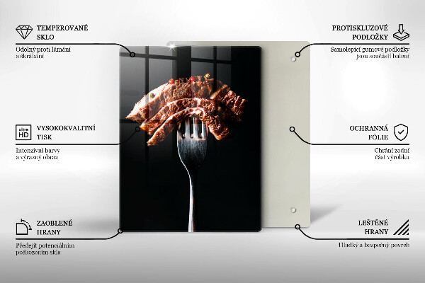 Kuchynská doska veľká zo skla Mäso na vidličku