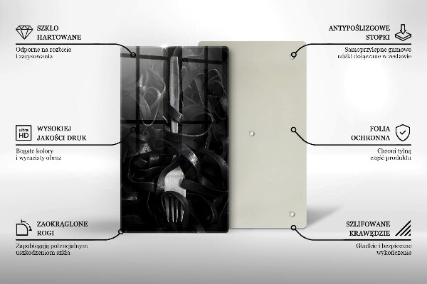 Kuchynská doska veľká zo skla Čierne cestoviny a vidlička