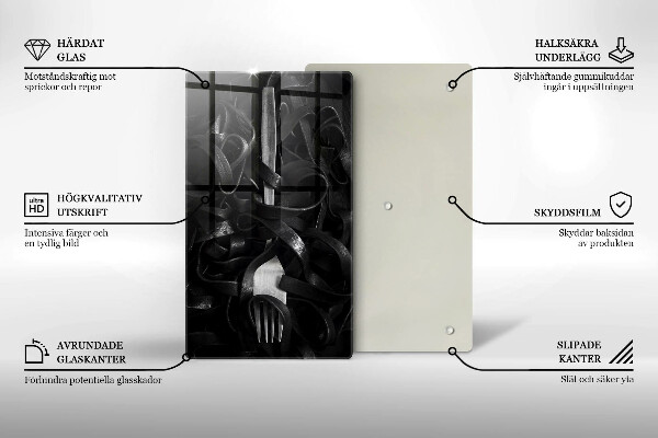 Kuchynská doska veľká zo skla Čierne cestoviny a vidlička