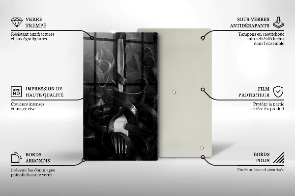 Kuchynská doska veľká zo skla Čierne cestoviny a vidlička