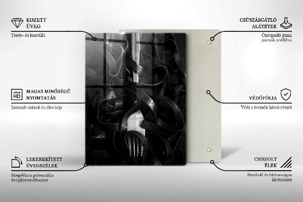 Kuchynská doska veľká zo skla Čierne cestoviny a vidlička