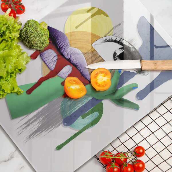 Kuchynská doska veľká zo skla Umelecká abstraktná koláž