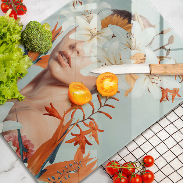 Kuchynská doska veľká zo skla Žena v kvetoch