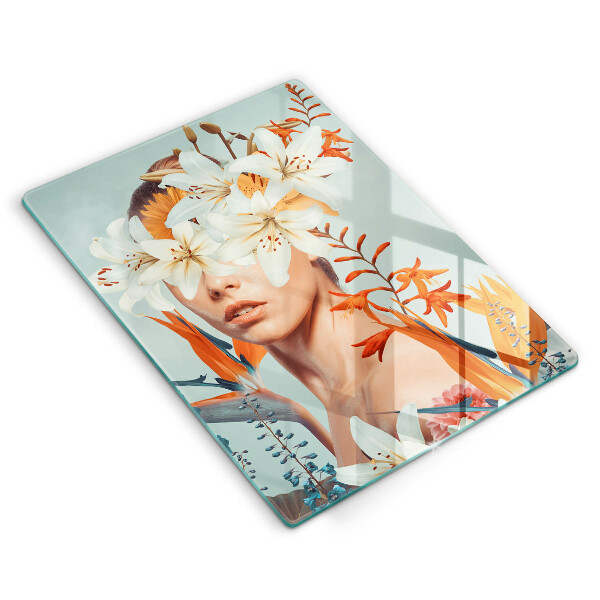 Kuchynská doska veľká zo skla Žena v kvetoch