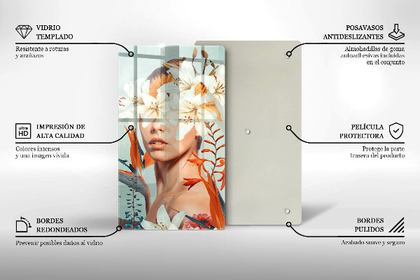 Kuchynská doska veľká zo skla Žena v kvetoch