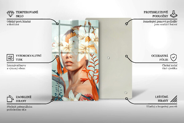 Kuchynská doska veľká zo skla Žena v kvetoch