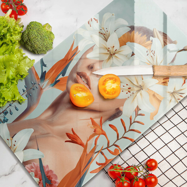 Kuchynská doska veľká zo skla Žena v kvetoch