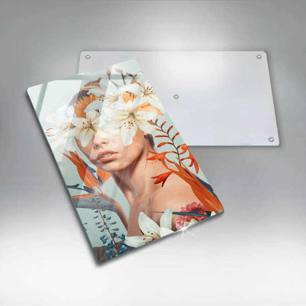 Kuchynská doska veľká zo skla Žena v kvetoch