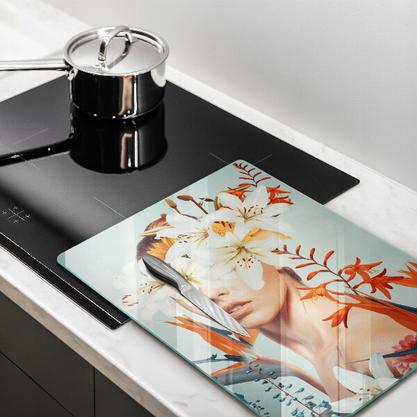 Kuchynská doska veľká zo skla Žena v kvetoch