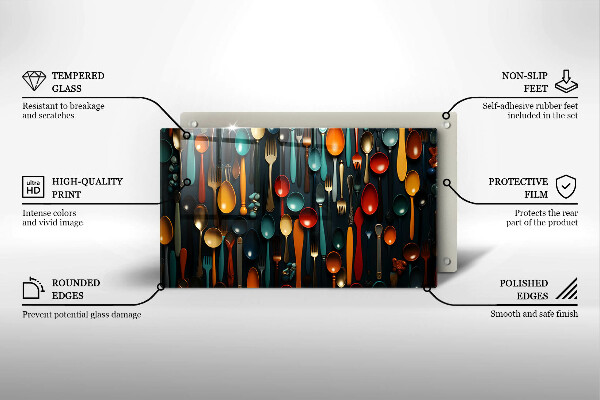 Sklenená doska na krájanie Farebné lyžice a vidličky