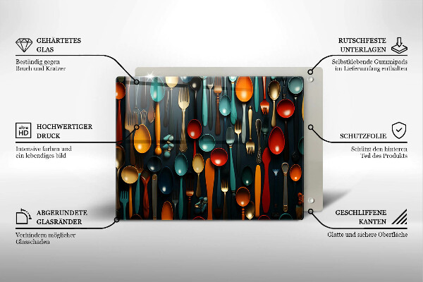 Sklenená doska na krájanie Farebné lyžice a vidličky