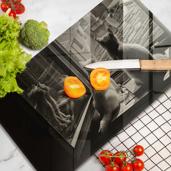 Sklenená doska na krájanie Mesto mačky a okno