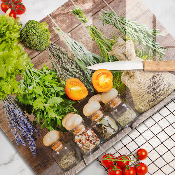 Sklenená doska na krájanie Bylinky, korenie a drevo