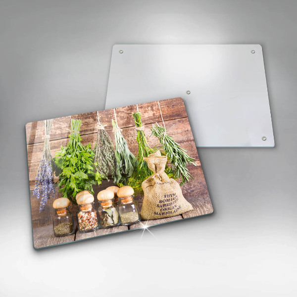 Sklenená doska na krájanie Bylinky, korenie a drevo
