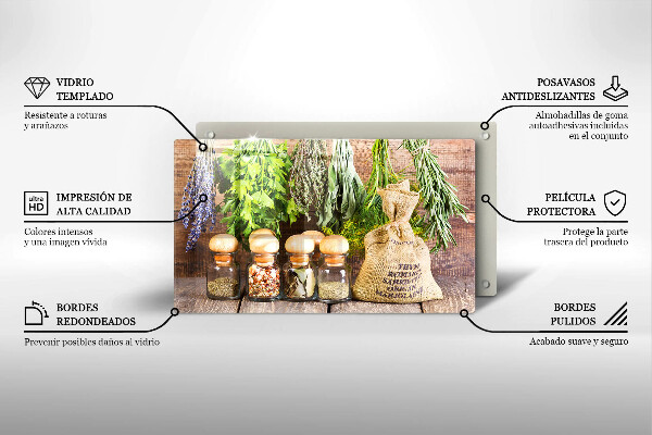 Sklenená doska na krájanie Bylinky, korenie a drevo