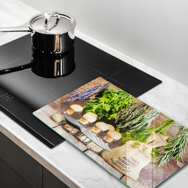 Sklenená doska na krájanie Bylinky, korenie a drevo