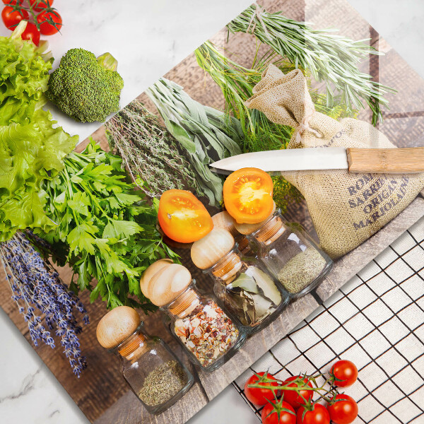 Sklenená doska na krájanie Bylinky, korenie a drevo