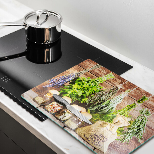 Sklenená doska na krájanie Bylinky, korenie a drevo