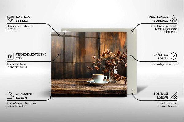 Sklenená doska na krájanie Šálka na kávu a drevo