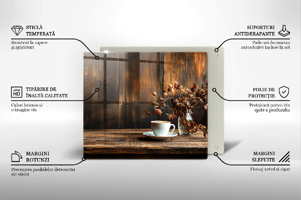 Sklenená doska na krájanie Šálka na kávu a drevo