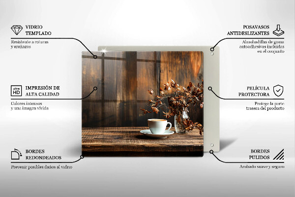 Sklenená doska na krájanie Šálka na kávu a drevo