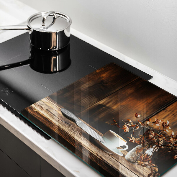 Sklenená doska na krájanie Šálka na kávu a drevo