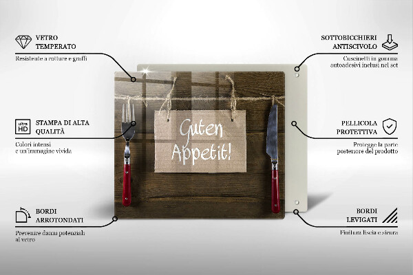 Sklenená doska na krájanie Nápis Guten Apetit na doskách