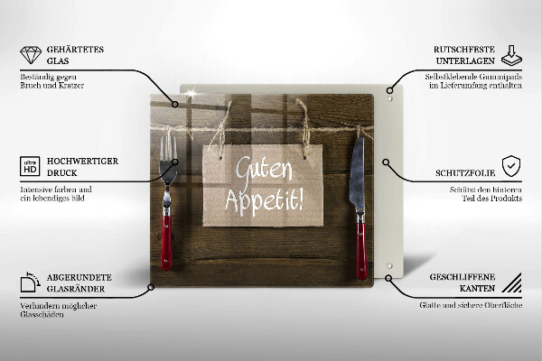 Sklenená doska na krájanie Nápis Guten Apetit na doskách