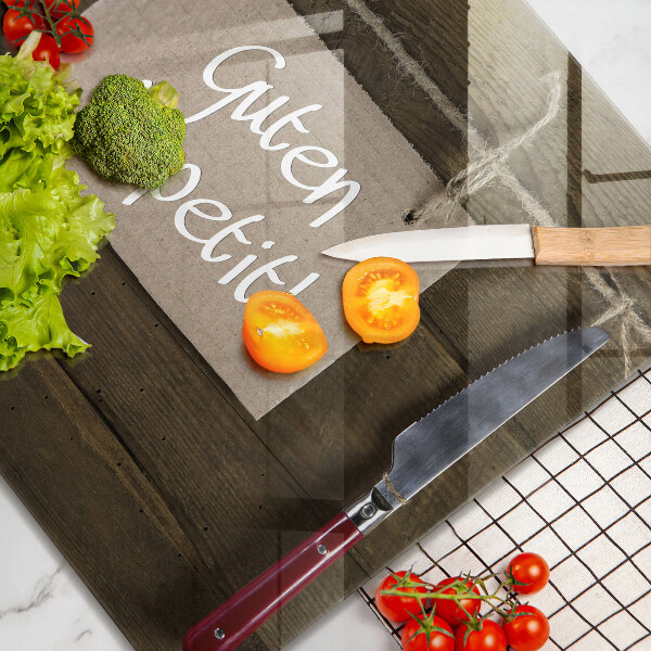 Sklenená doska na krájanie Nápis Guten Apetit na doskách