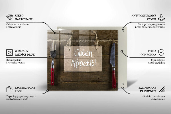 Sklenená doska na krájanie Nápis Guten Apetit na doskách