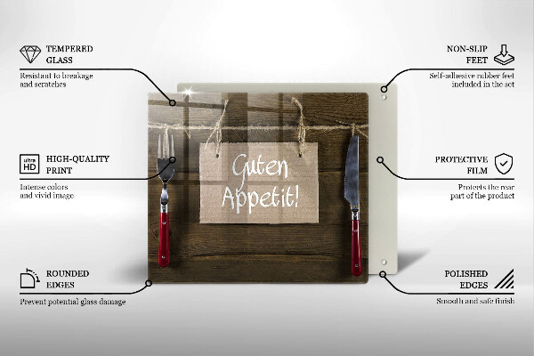 Sklenená doska na krájanie Nápis Guten Apetit na doskách