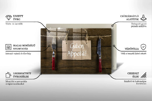 Kuchynská doska zo skla Nápis Guten Appetit na drevených doskách