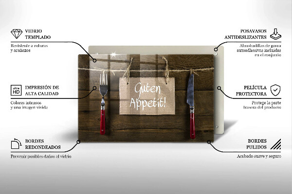 Kuchynská doska zo skla Nápis Guten Appetit na drevených doskách