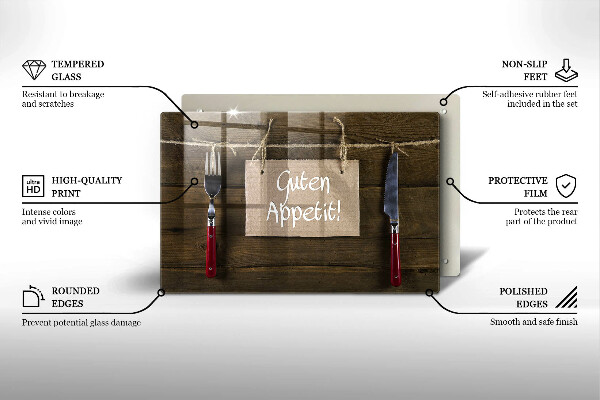 Kuchynská doska zo skla Nápis Guten Appetit na drevených doskách
