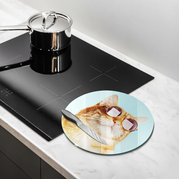 Kuchynská doska veľká zo skla Červená mačka s okuliarmi